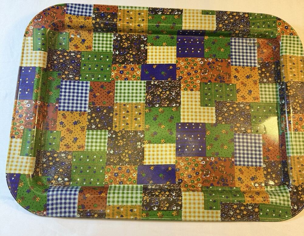 Vintage 60s 70s patchwork print aluminum folding lap tray table Plaid